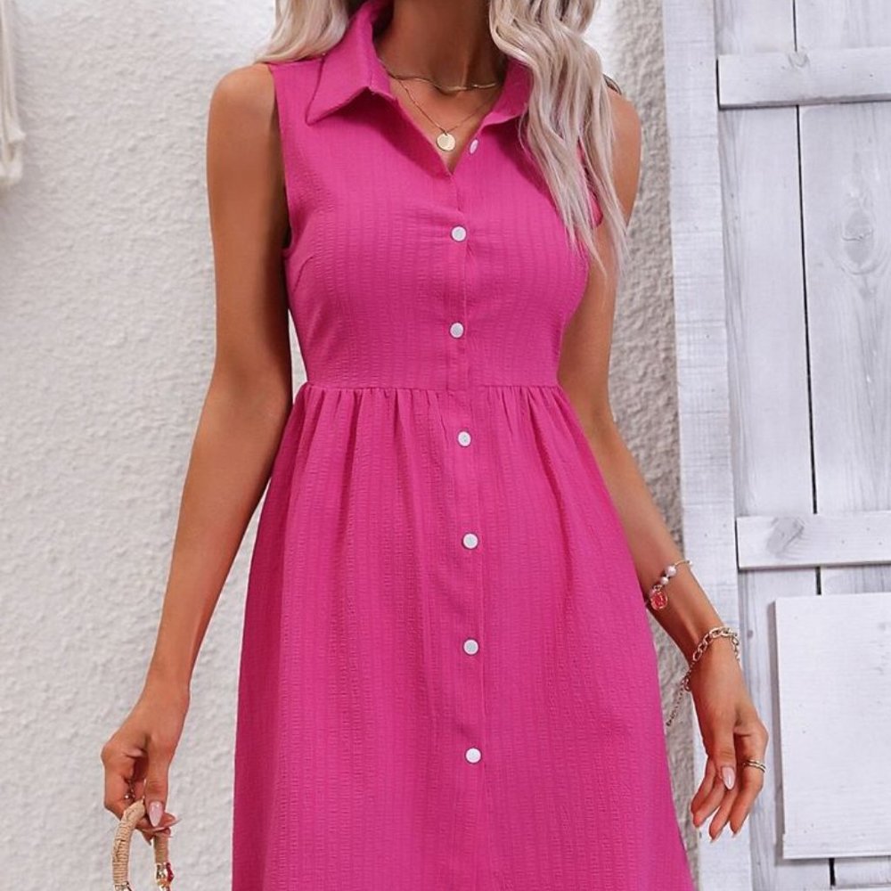 SHEIN Pink Buttoned Sleeveless Polo Collar Sundress